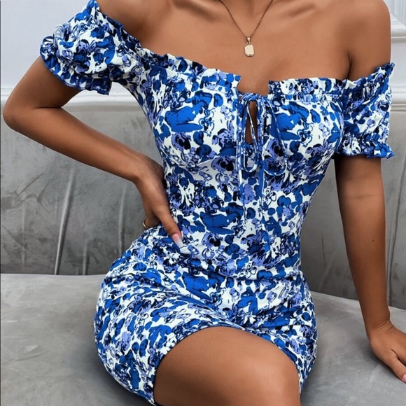 Boho Vibrant Red Floral Print Off Shoulder Bodycon Dress - Picture 6 of 8